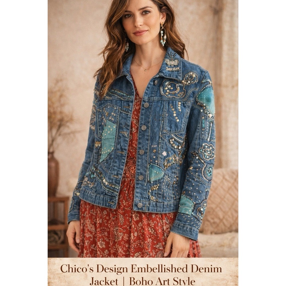 Chico's 3 Denim Jacket Cotton Blue Patchwork Embroidery Sequin Work Stunning